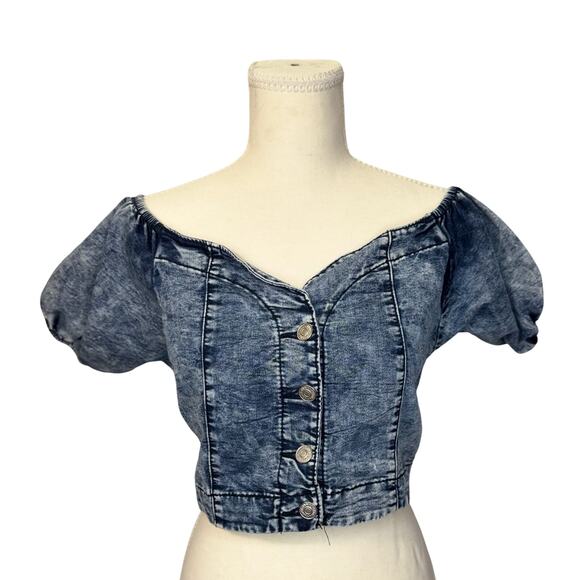 Denim Crop Top Puff Sleeve Women’s XL Acid Y2K Western Coquette Festival Rodeo - Picture 2 of 16